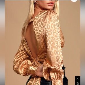 JOA Humble Brag tan satin leopard tie back blouse